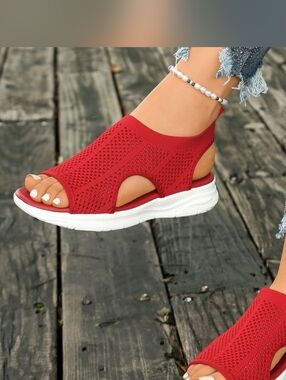 Women’s Red Knit Sport Sandals - Comfortable Slip-On Sneakers